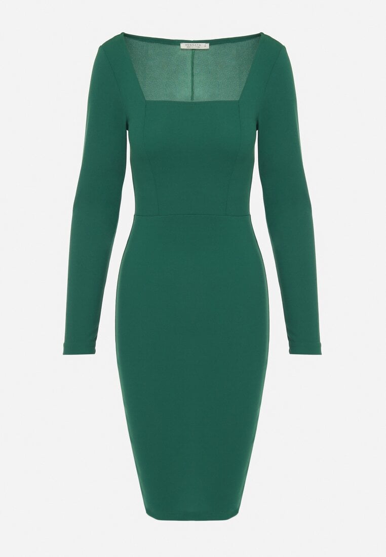 Zielona Dopasowana Sukienka Midi z Wycięciem Calense
