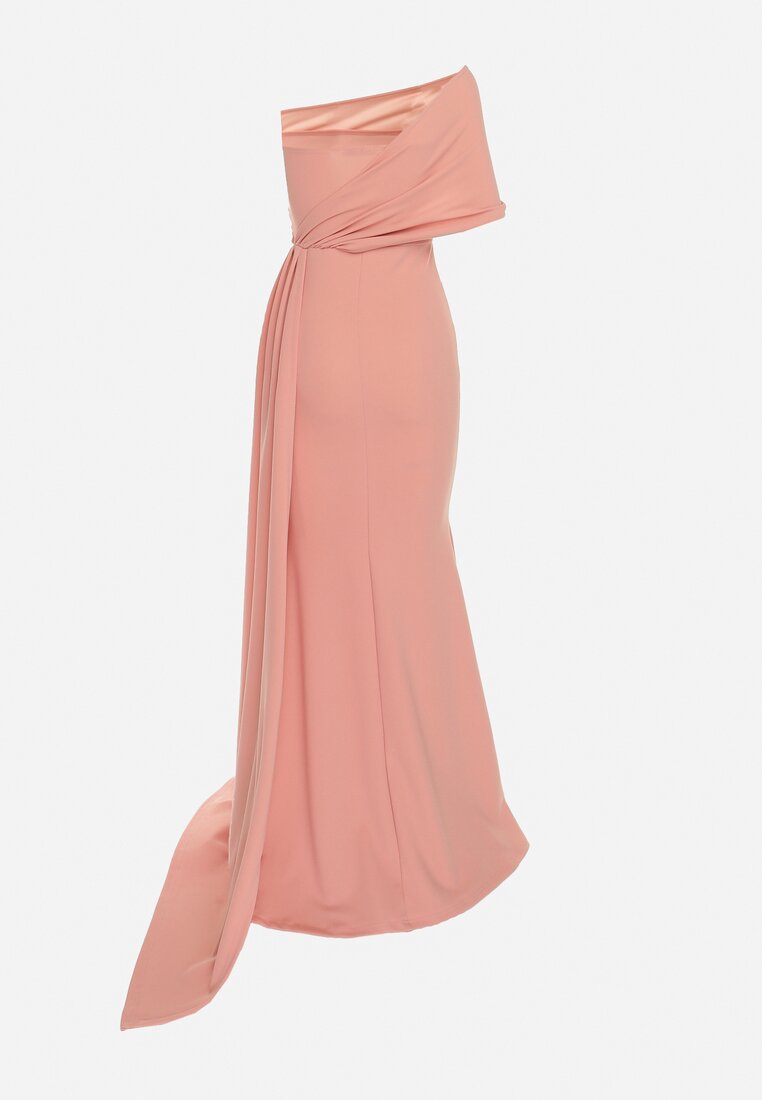 Różowa Dopasowana Sukienka Maxi z Ozdobnym Trenem Iralia