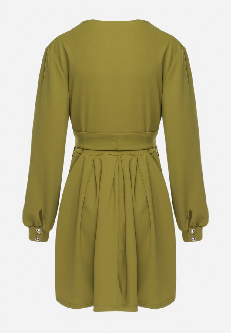 Zielona Rozkloszowana Sukienka Mini z Kopertowym Dekoltem Violitta