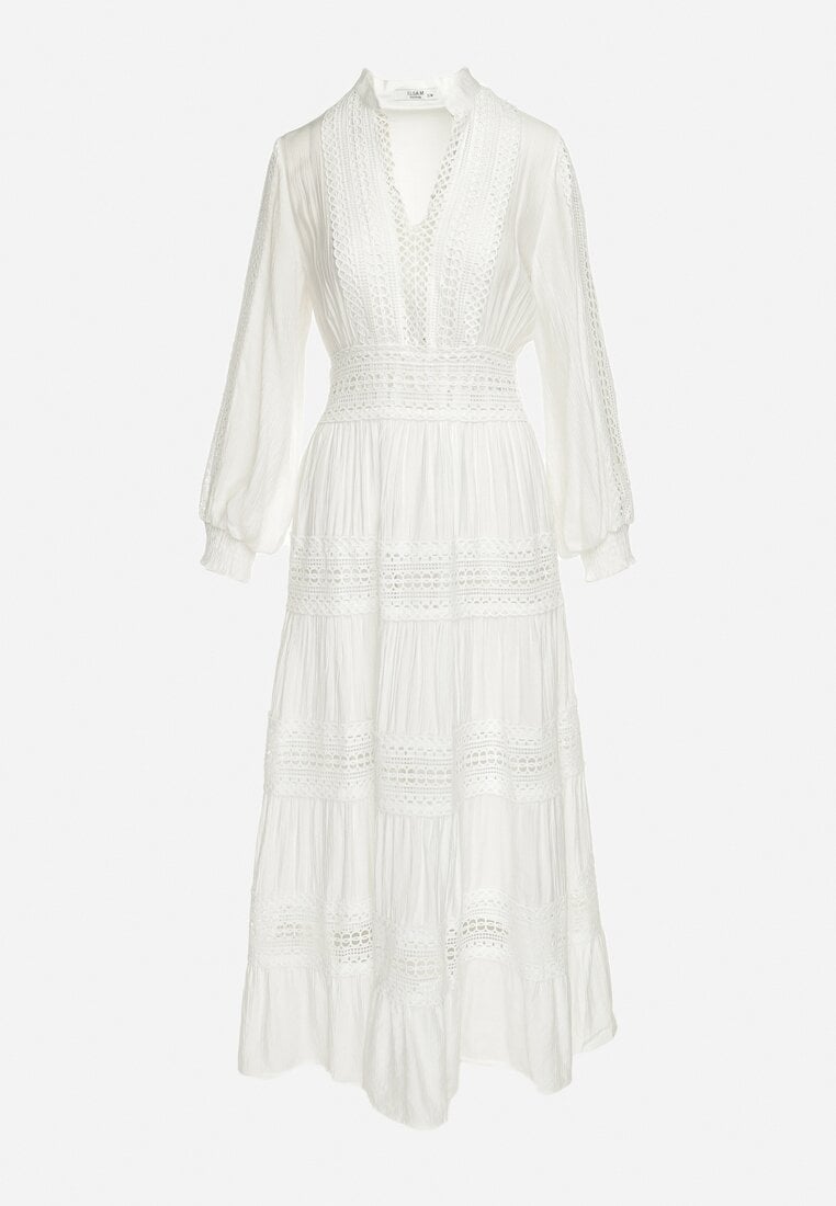 Biała Rozkloszowana Sukienka Maxi z Gumką w Talii i Ażurowym Zdobieniem Binaella