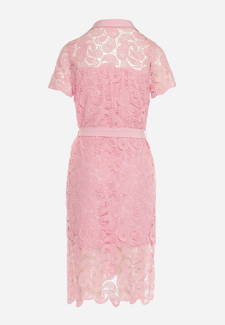 Różowa Koszulowa Sukienka Koronkowa z Wiązanym Paskiem Sachaela