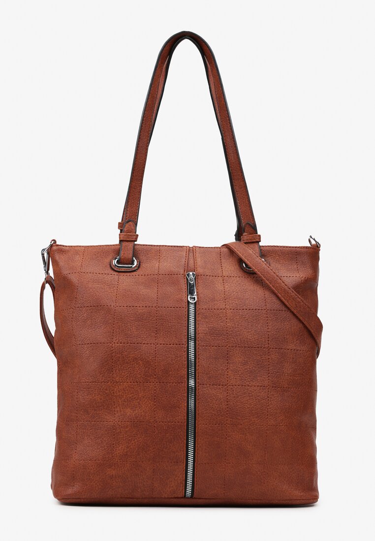 Brązowa  Torebka z Rączkami i Regulowanym Paskiem z Ozdobnymi Przeszyciami i Suwakiem Ciren