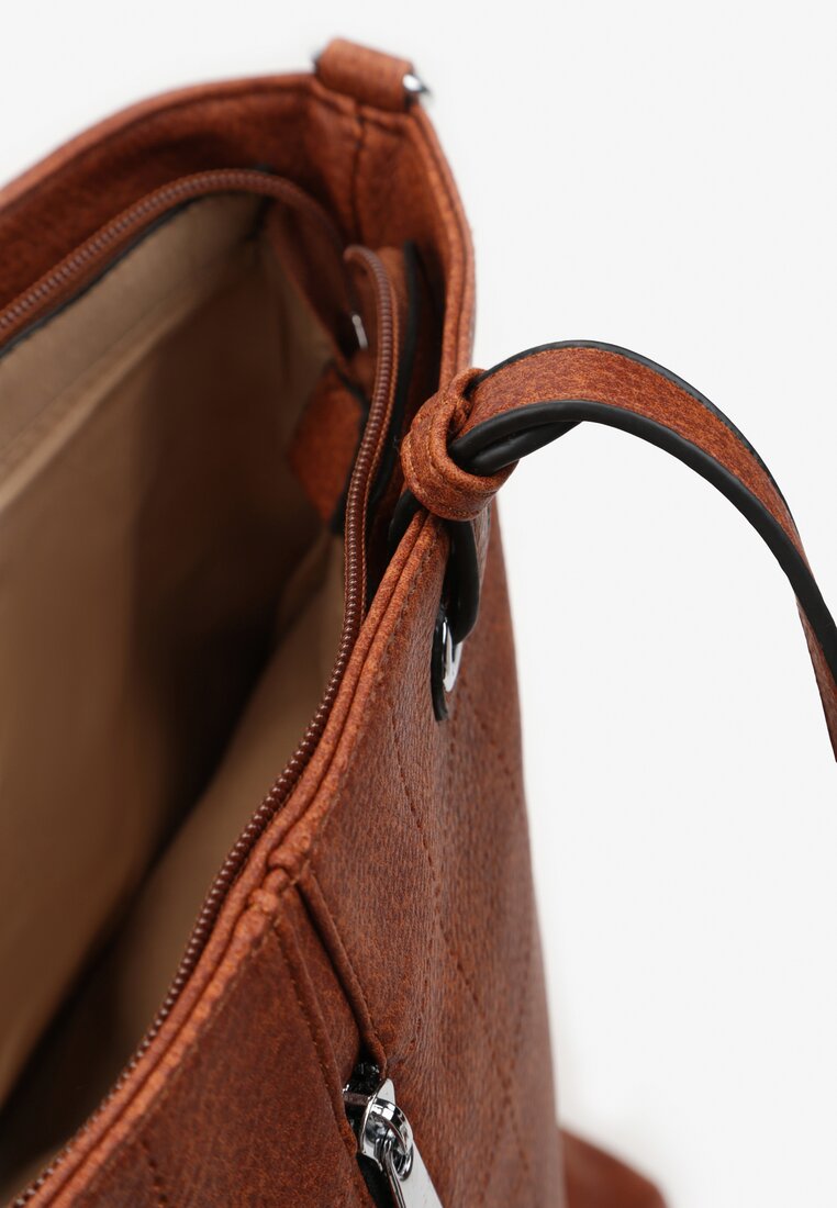 Brązowa  Torebka z Rączkami i Regulowanym Paskiem z Ozdobnymi Przeszyciami i Suwakiem Ciren