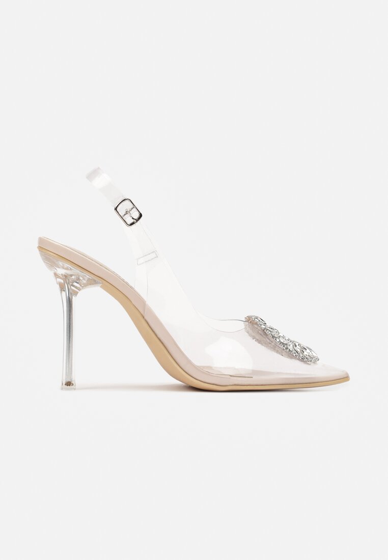 Beżowe Sandały na Szpilce z Transparentnym Noskiem z Klamrą w Cyrkonie Lueure