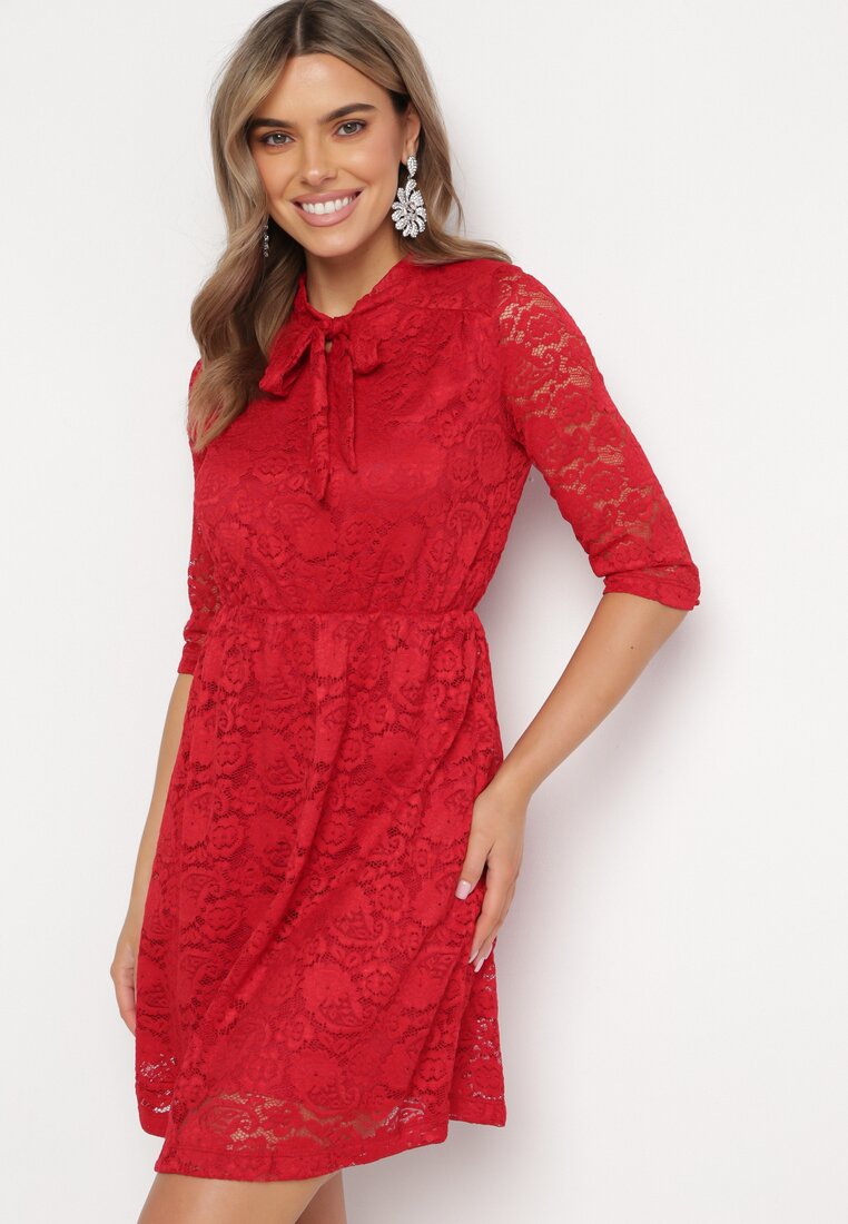 Bordowa Koronkowa Sukienka Mini z Gumką w Pasie Eloriinya