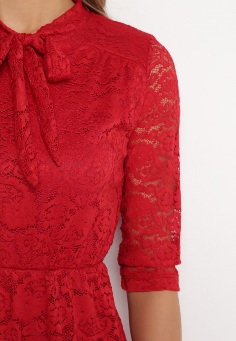 Bordowa Koronkowa Sukienka Mini z Gumką w Pasie Eloriinya