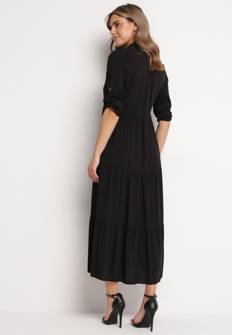Czarna Rozkloszowana Sukienka Maxi z Bawełny w Koszulowym Stylu Onecca