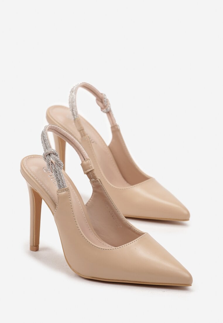 Beżowe Sandały na Szpilce z Otwartym Noskiem i Paskiem w Cyrkonie Gavriela