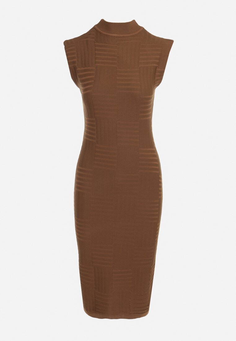 Brązowa Sukienka z Geometrycznym Tłoczeniem i Golfem Gioa