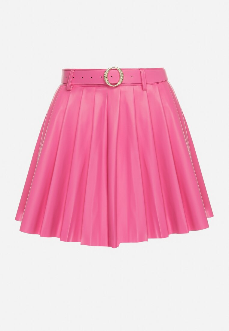Różowa Plisowana Mini Spódnica z Paskiem z Klamrą Isabellika
