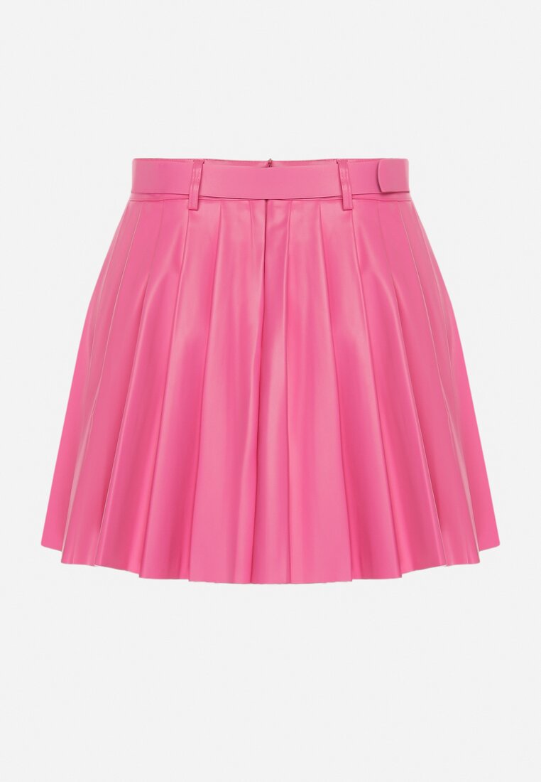 Różowa Plisowana Mini Spódnica z Paskiem z Klamrą Isabellika