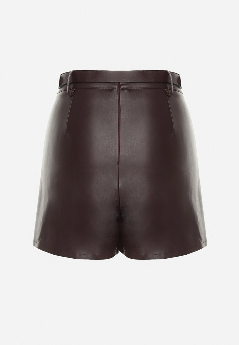 Ciemnobordowe Asymetryczne Szorty Spódnica z Ekoskóry z Dodatkowym Paskiem Horindia