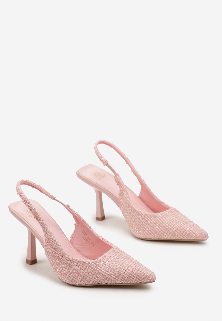 Różowe Sandały na Szpilce z Tweedowym Noskiem z Błyszczącą Nitką Lusarra