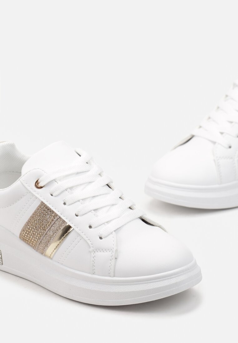 Biało-Złote Sznurowane Sneakersy z Ekoskóry Ozdobione Cyrkoniami Aloulie