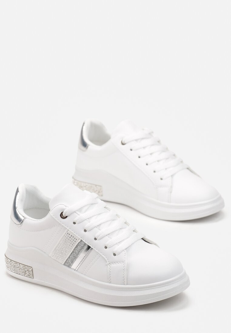 Białe Sznurowane Sneakersy z Ekoskóry Ozdobione Cyrkoniami Aloulie