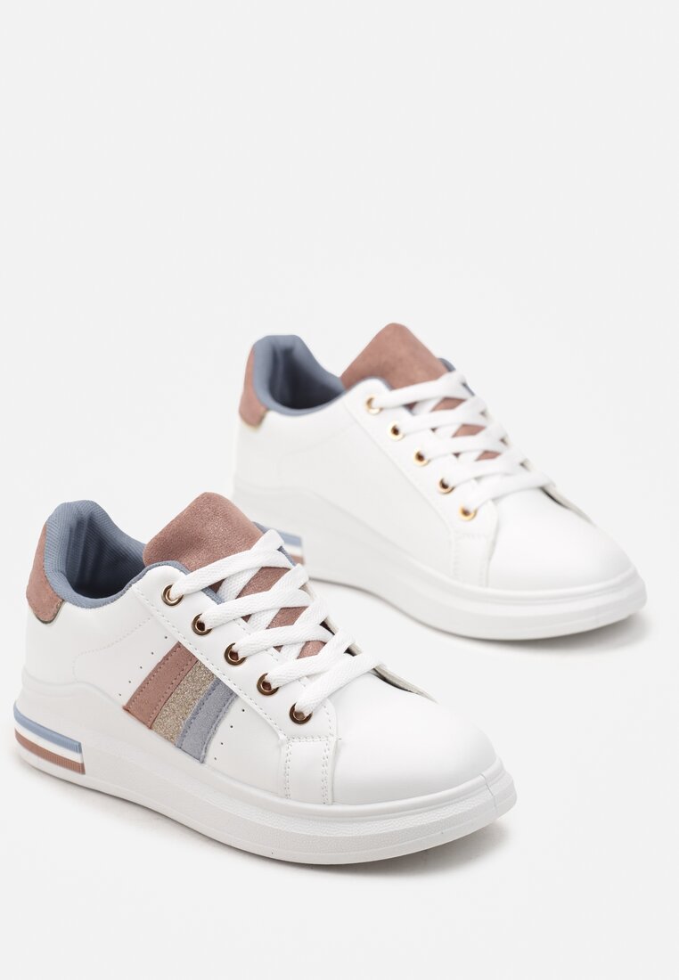 Biało-Różowe Sneakersy z Przeszyciami Lisene