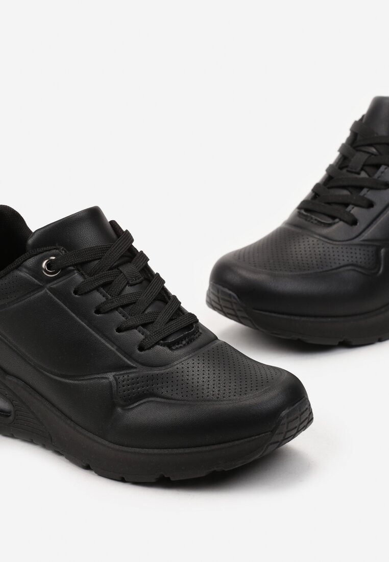 Czarne Sznurowane Sneakersy z Ekoskóry na Miękkiej Podeszwie Lenise
