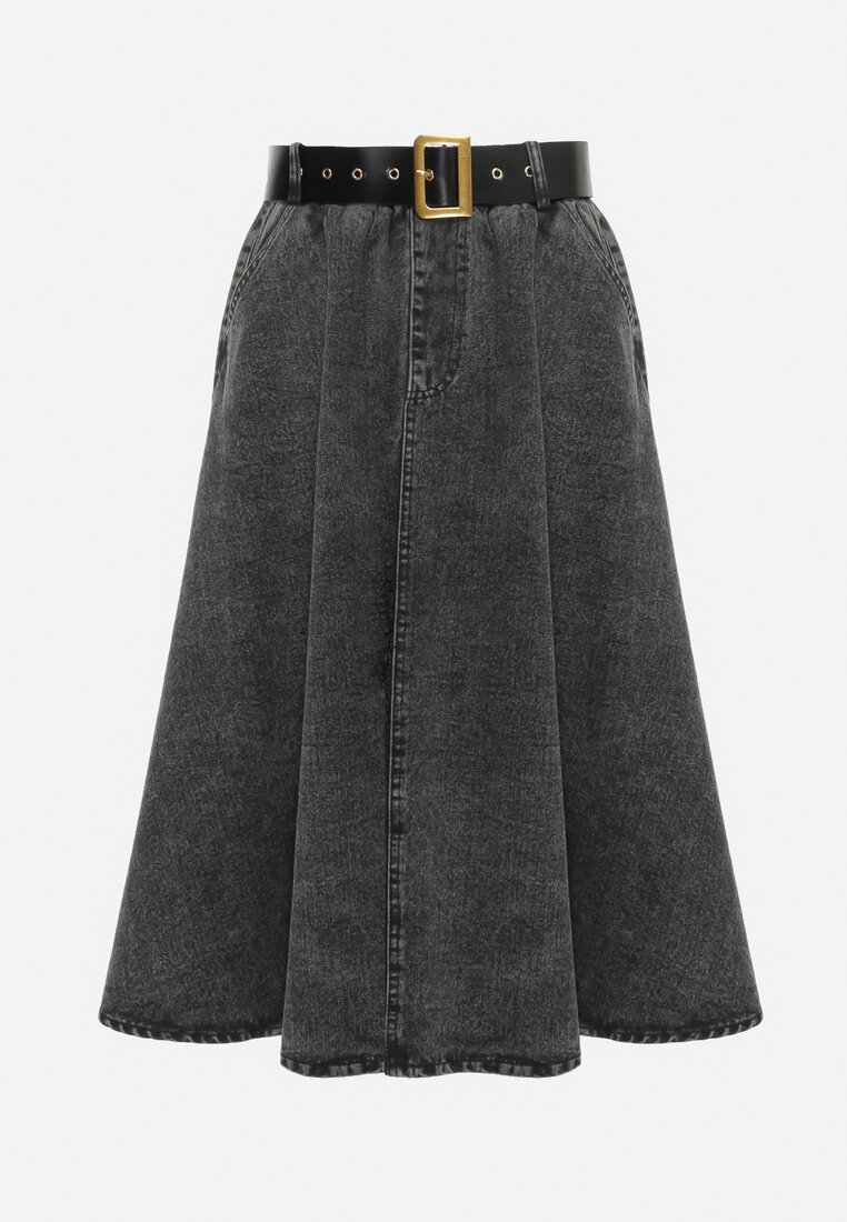 Czarna Jeansowa Spódnica Midi z Paskiem Suera