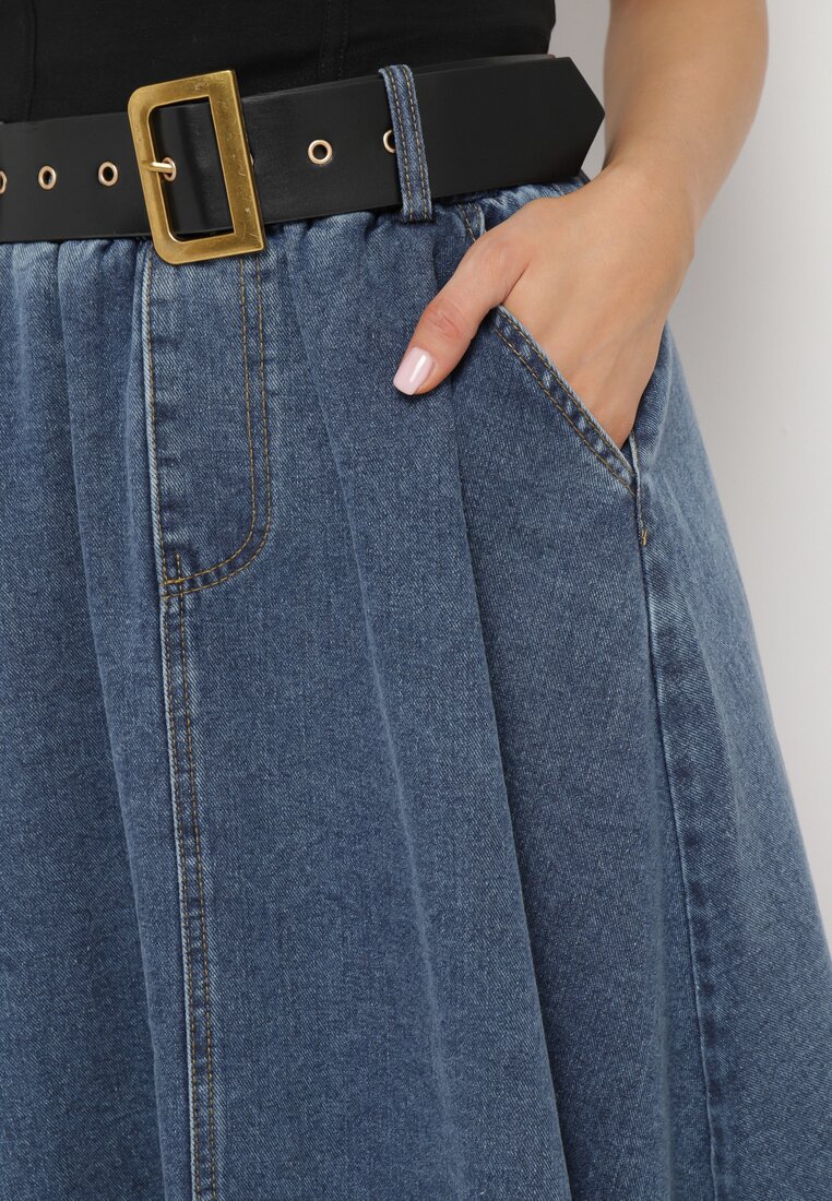 Niebieska Jeansowa Spódnica Midi z Paskiem Suera