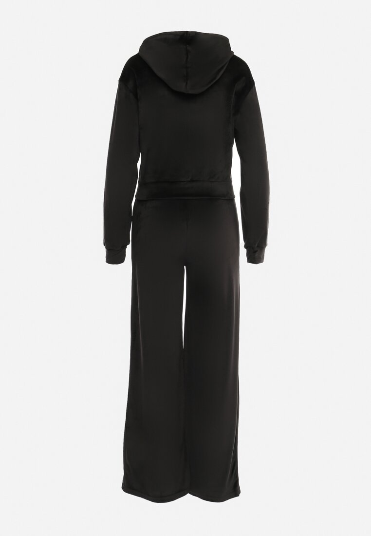 Czarny Welurowy Komplet Dresowy z Krótką Bluzą i Szerokimi Spodniami Arilei