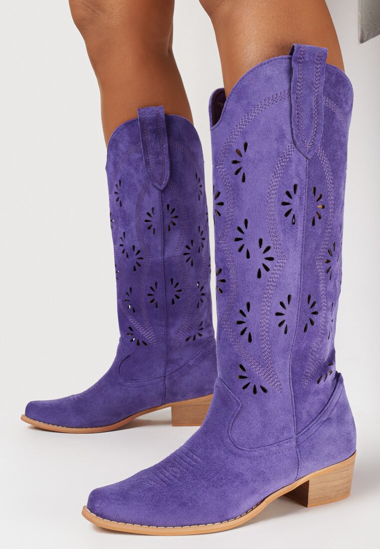 Fioletowe Kozaki Kowbojki z Ekozamszu z Ozdobnym Ażurowym Wzorem Bonucci