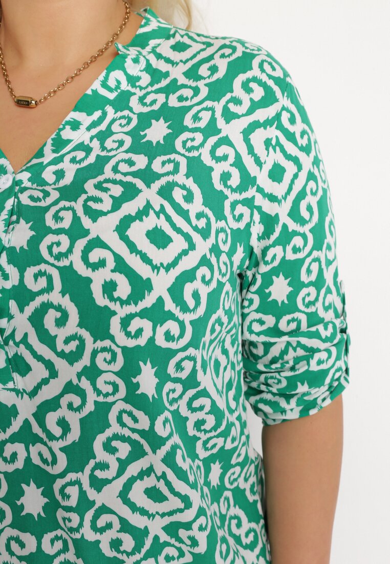 Zielono-Biała Wiskozowa Bluzka Zapinana na Guziki w Geometryczny Print Perita