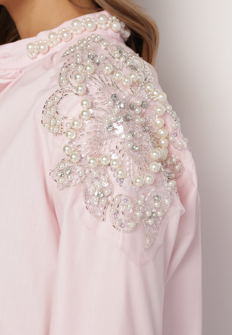 Różowa Koszula z Ozdobnymi Rękawami i Dekoltem Orlenna