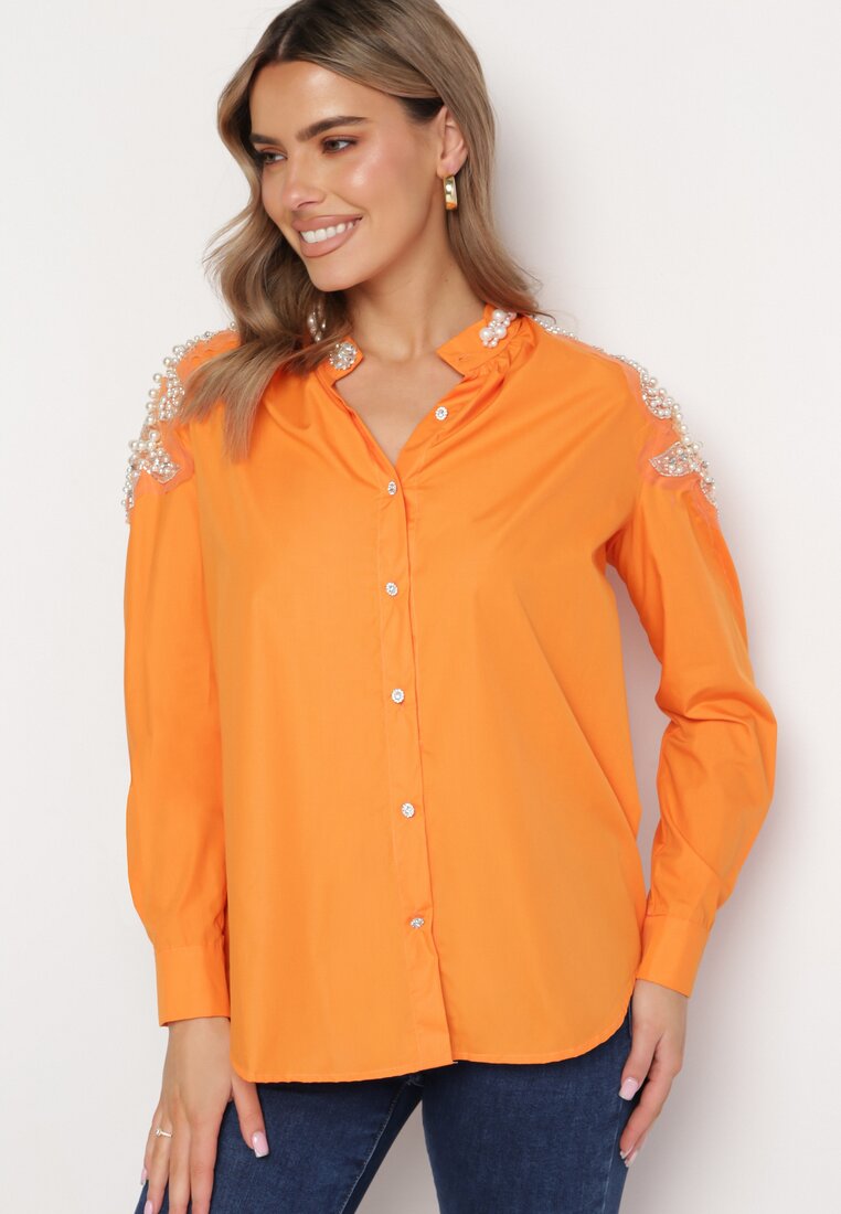 Pomarańczowa Koszula z Ozdobnymi Rękawami i Dekoltem Orlenna