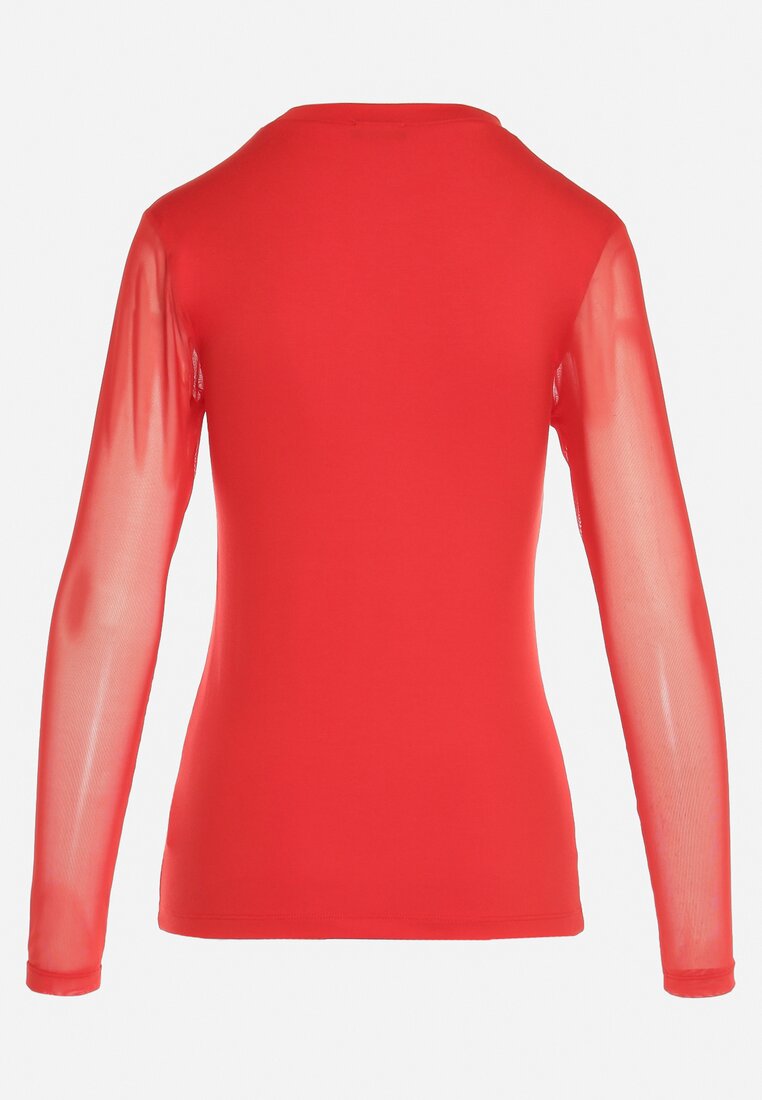 Czerwona Wiskozowa Bluzka z Asymetrycznym Dekoltem i Siateczką Layera