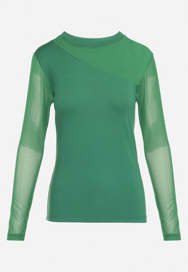 Zielona Wiskozowa Bluzka z Asymetrycznym Dekoltem i Siateczką Layera