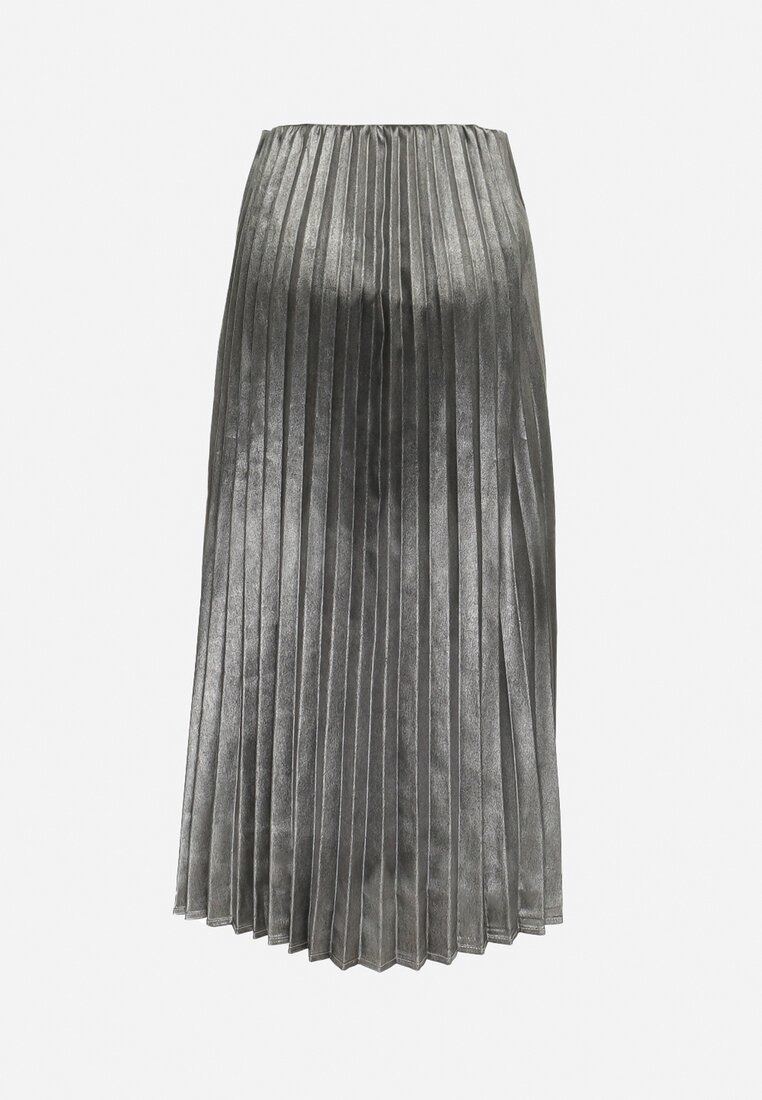 Srebrna Plisowana Spódnica Midi z Metalicznym Połyskiem Relita