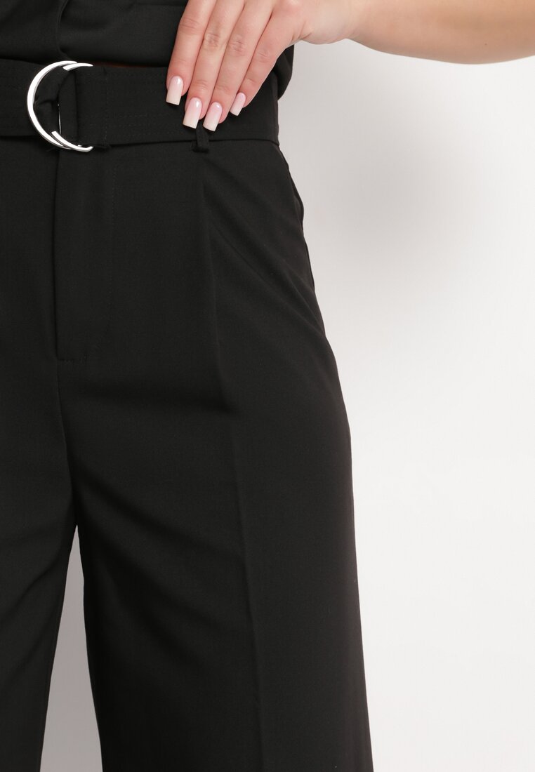 Czarne Szerokie Spodnie i Materiałowym Paskiem z Metalową Klamrą Sintia