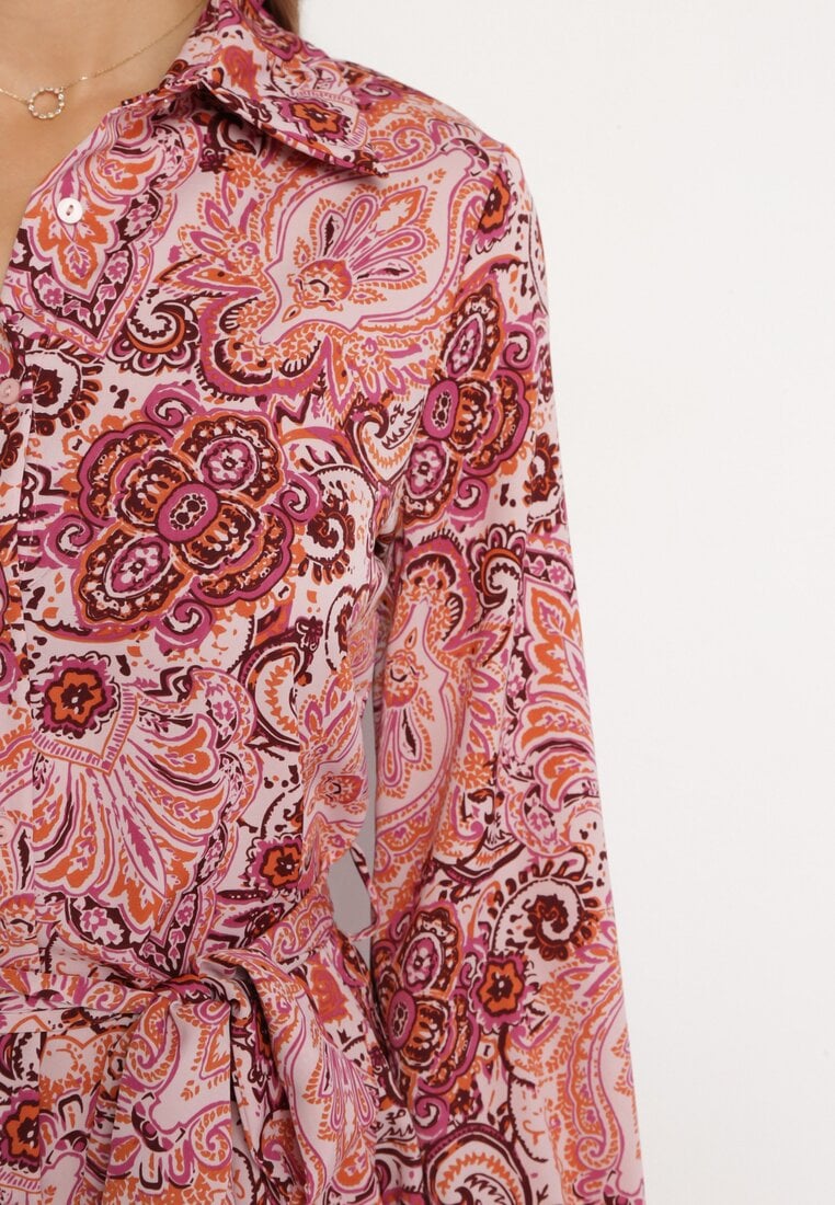 Różowo-Bordowa Sukienka Mini Rozkloszowana we Wzór Paisley z Materiałowym Paskiem Lirit