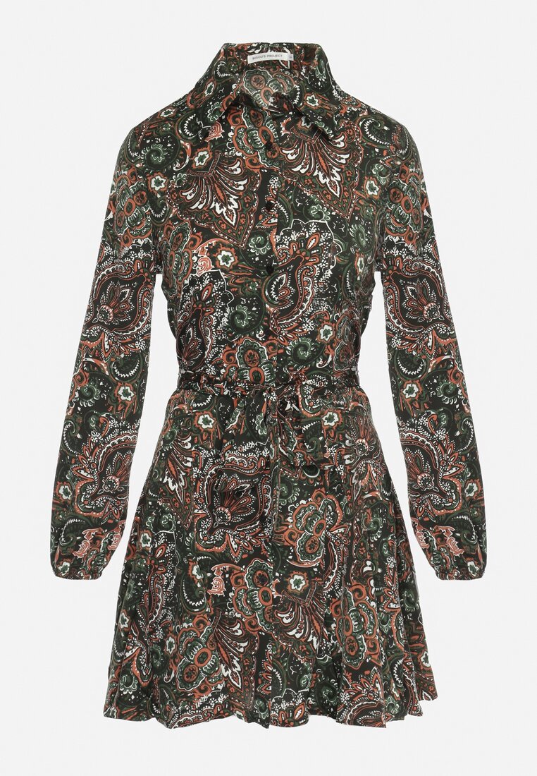Ciemnozielona Sukienka Mini Rozkloszowana we Wzór Paisley z Materiałowym Paskiem Lirit