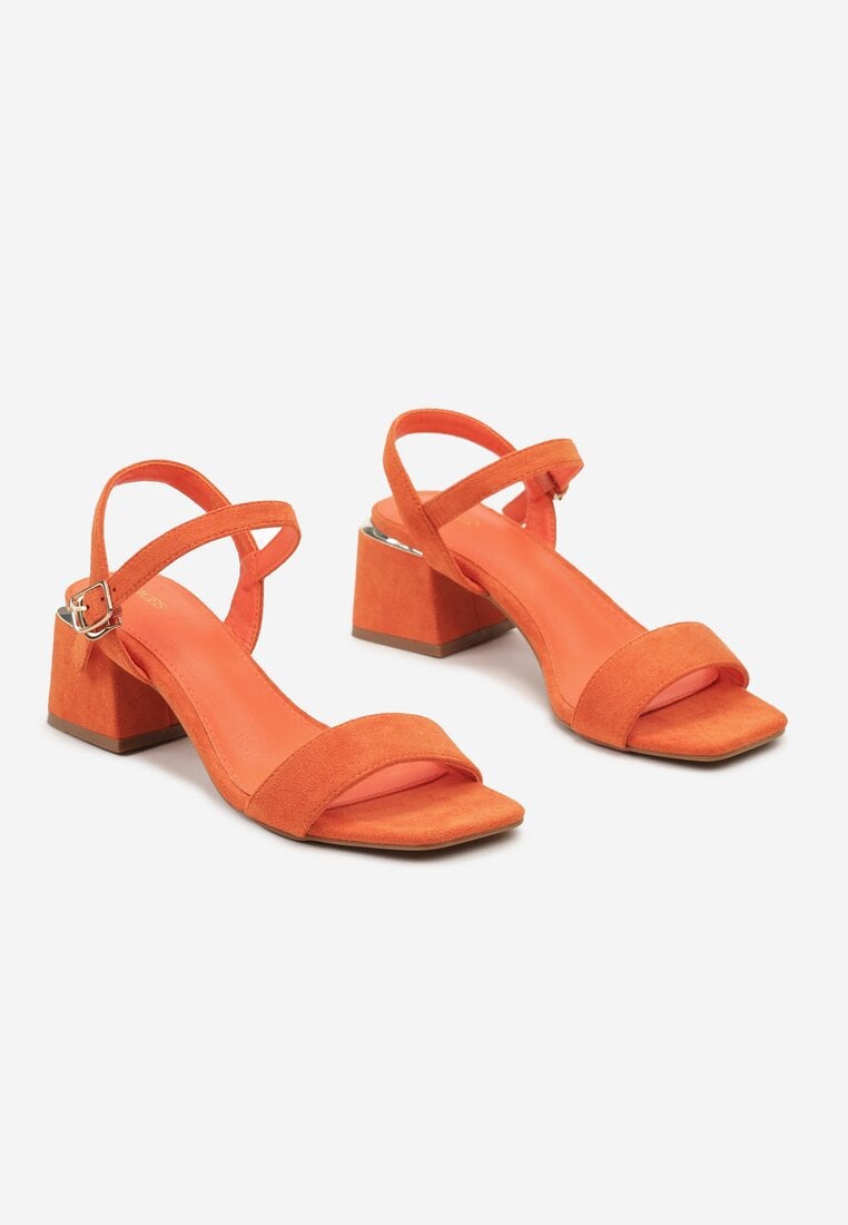 Pomarańczowe Sandały z Wkładką z Imitacji Skóry na Słupku Zapinane Przy Kostce Kaloella
