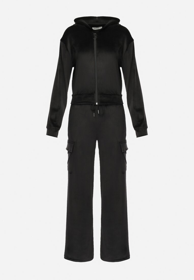 Czarny Welurowy Komplet Dresowy Bluza z Kapturem i Szerokie Spodnie Anirle