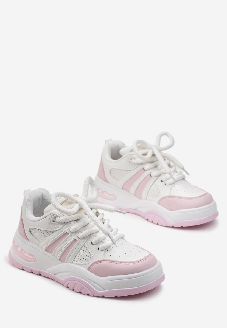 Biało-Różowe Sneakersy z Brokatem i Perforacją Kimelle