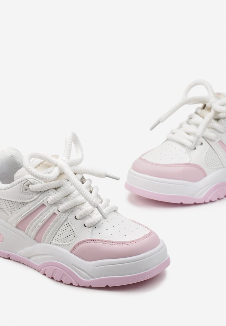 Biało-Różowe Sneakersy z Brokatem i Perforacją Kimelle