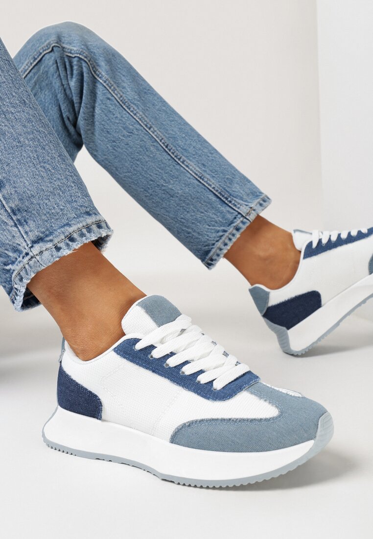 Biało-Niebieskie Sznurowane Sneakersy z Ozdobnymi Przeszyciami na Grubej Podeszwie Celula