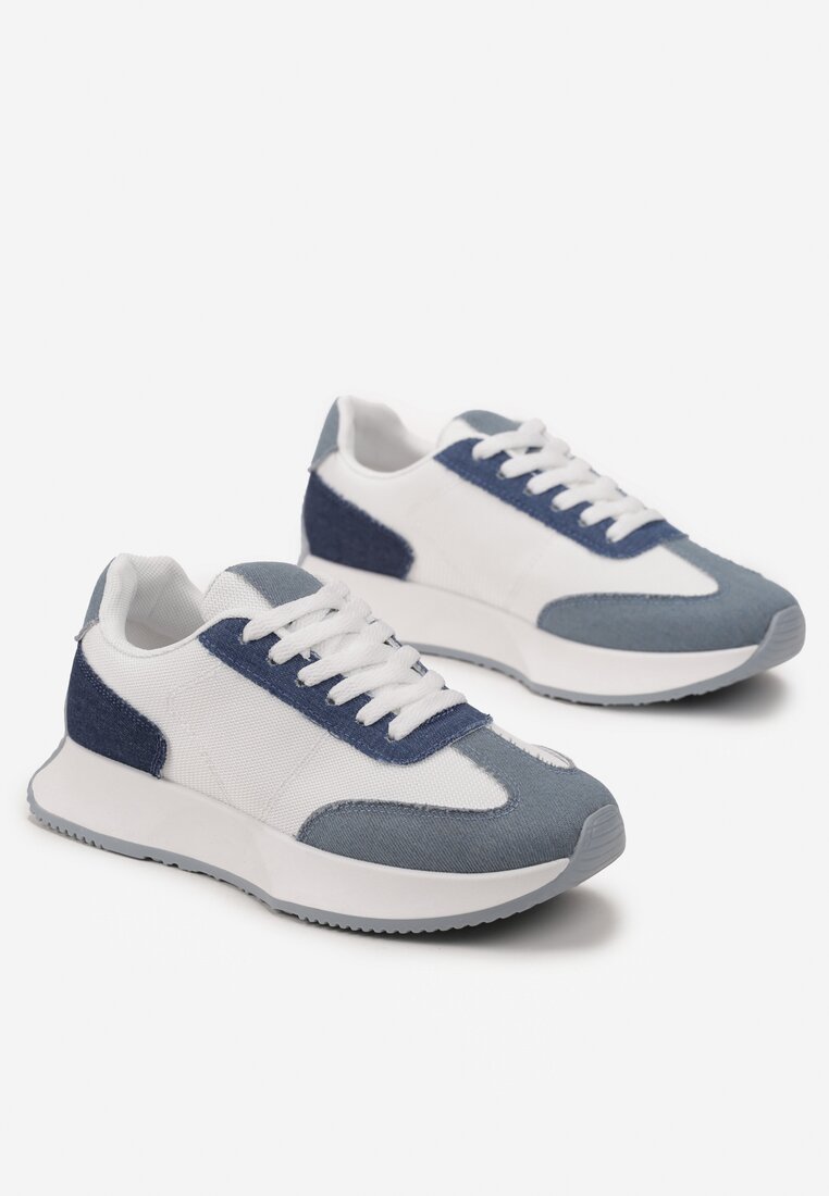 Biało-Niebieskie Sznurowane Sneakersy z Ozdobnymi Przeszyciami na Grubej Podeszwie Celula