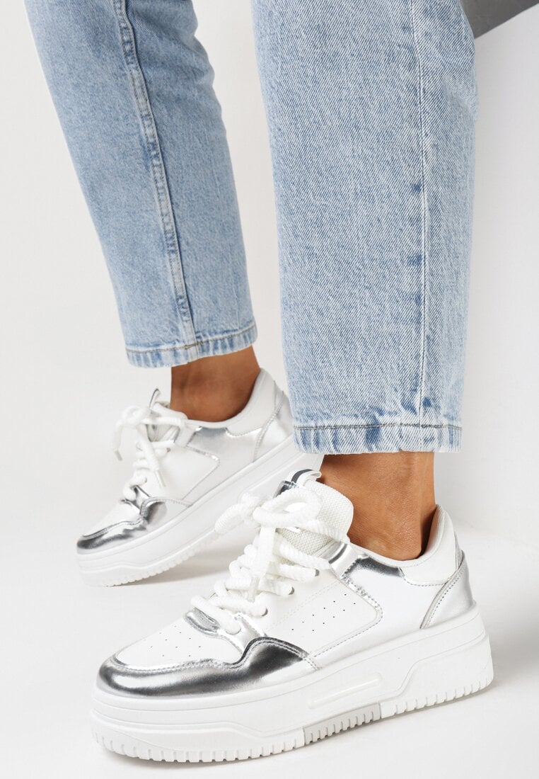 Biało-Srebrne Sneakersy na Platformie z Szerokimi Sznurówkami Ferinal