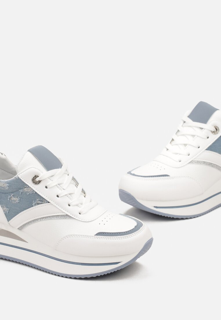 Biało-Niebieskie Sneakersy na Grubej Podeszwie Zdobione Brokatem i Naszywkami Gevia