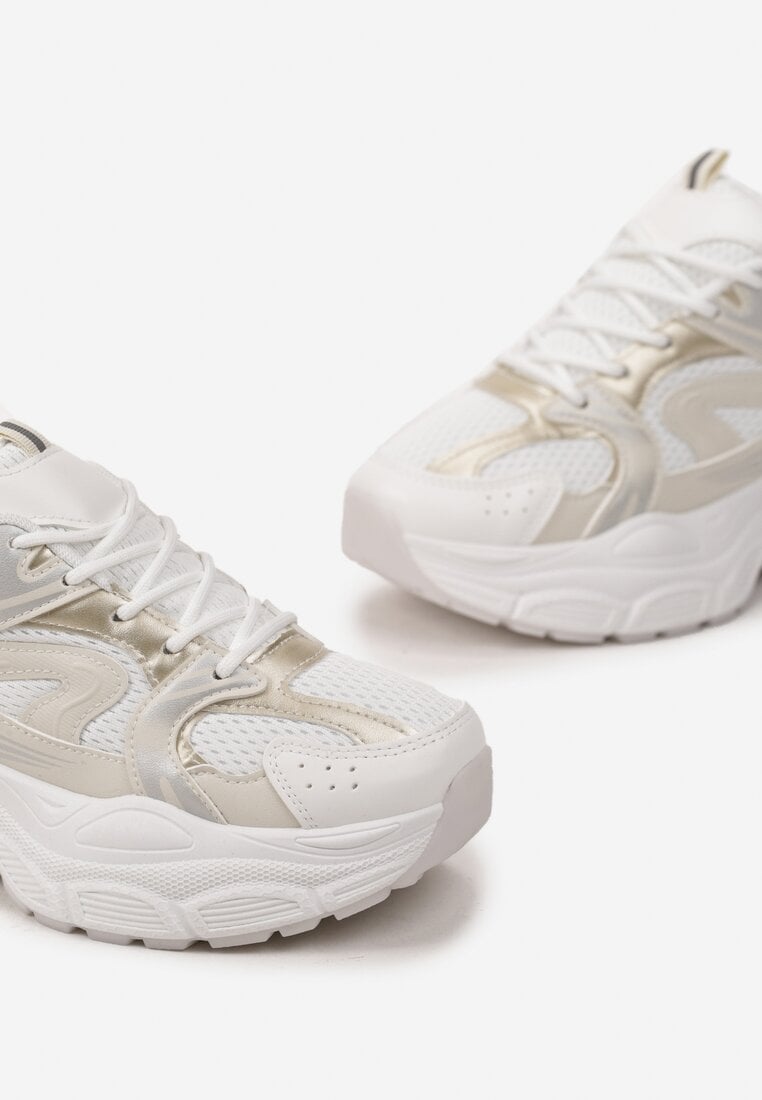 Biało-Złote Sneakersy na Platformie z Siateczkową Wstawką Huvia