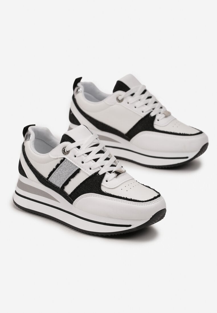 Biało-Czarne Sneakersy na Grubej Podeszwie z Materiałowymi Wstawkami i Brokatem Omifa