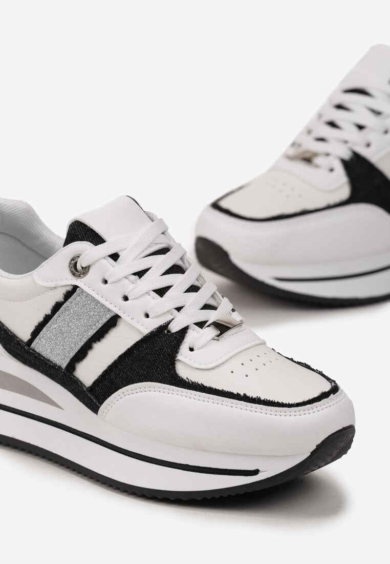 Biało-Czarne Sneakersy na Grubej Podeszwie z Materiałowymi Wstawkami i Brokatem Omifa