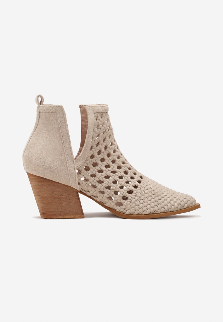 Beżowe Ażurowe Botki na Ściętym Słupku Ozdobione Wycięciami Renilva