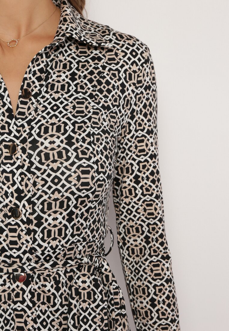Biało-Czarna Taliowana Sukienka Maxi z Materiałowym Paskiem w Geometryczny Print Filint