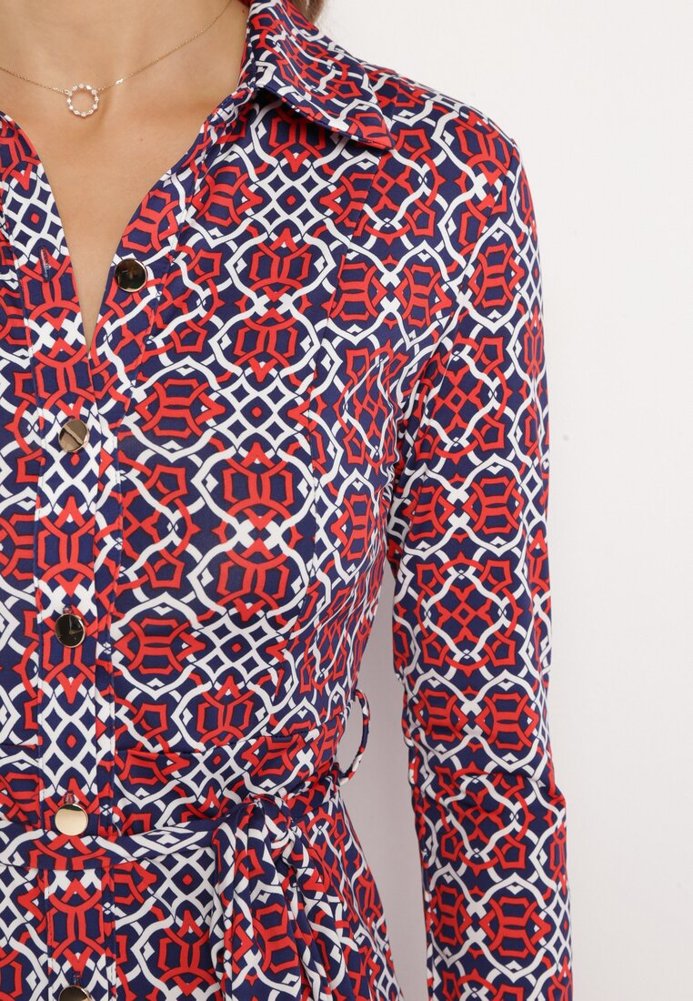 Czerwono-Biała Taliowana Sukienka Maxi z Materiałowym Paskiem w Geometryczny Print Filint