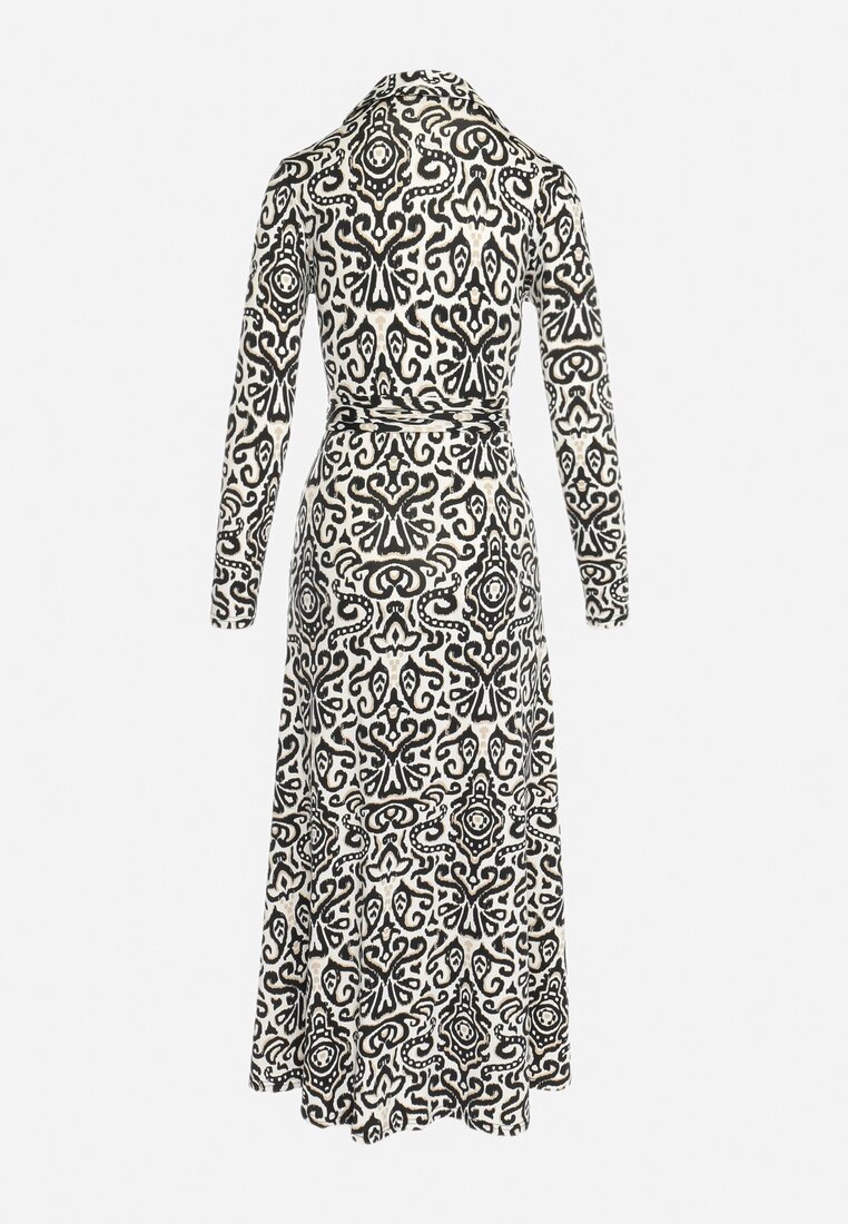 Czarno-Biała Maxi Sukienka Taliowana Kopertowa z Materiałowym Paskiem Ailrin