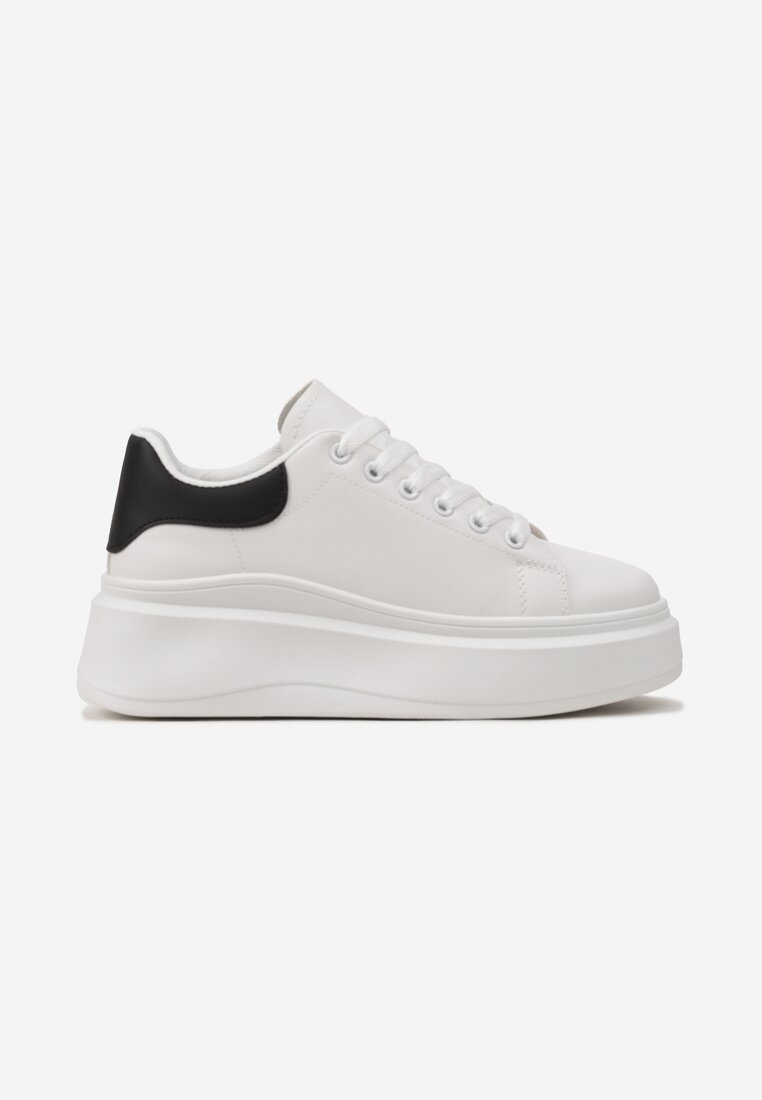 Biało-Czarne Gładkie Sneakersy z Ekoskóry na Grubej Podeszwie ze Sznurowaniem Avara